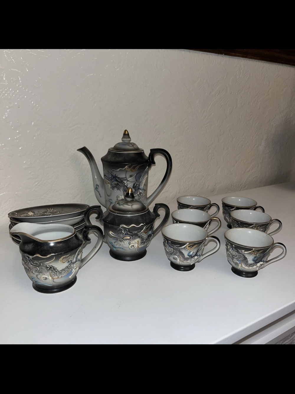 Elegant Gray and Gold Dragon Porcelain Tea Set